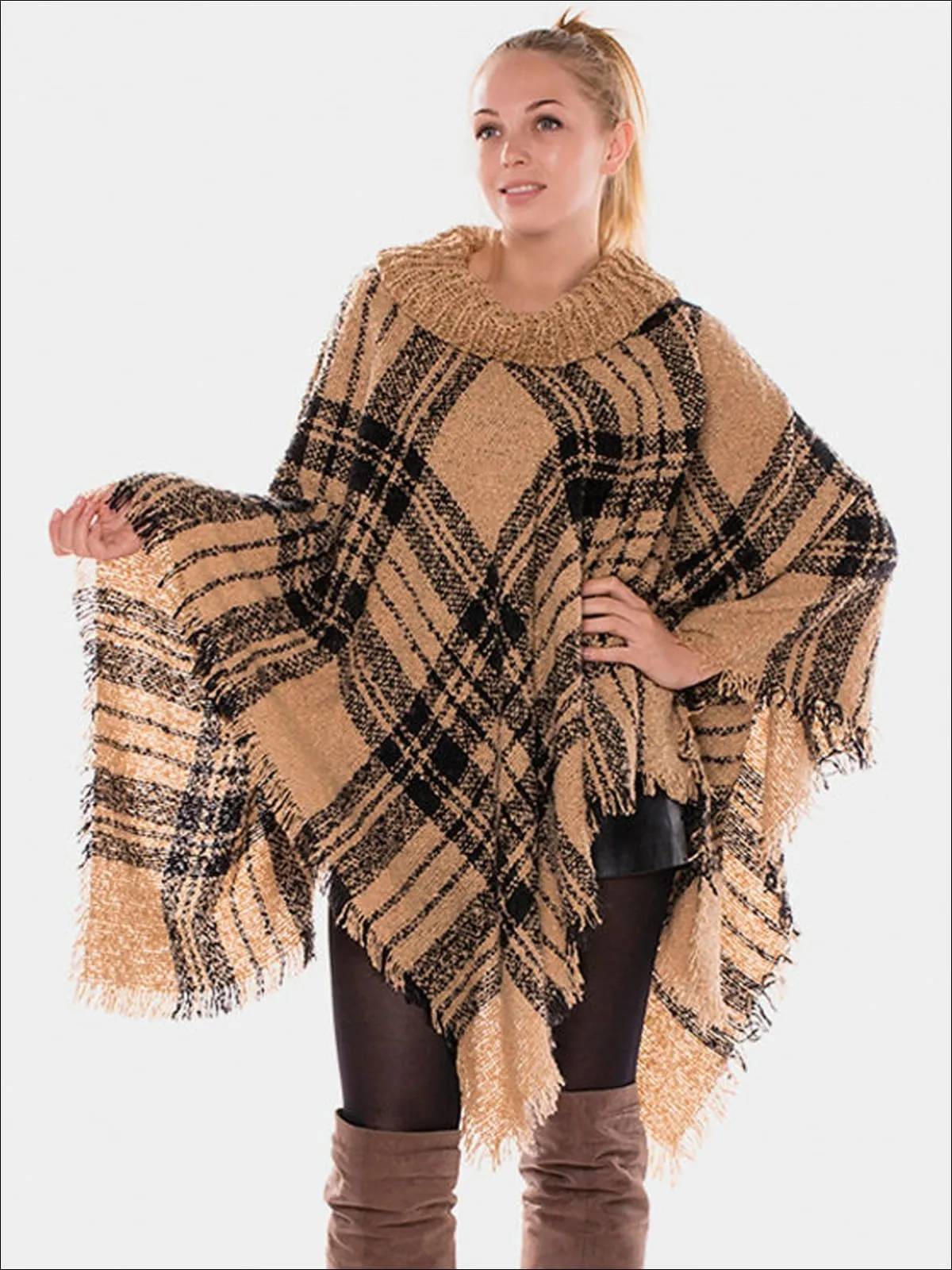 Women's Fall Casual Plaid Turtleneck Poncho