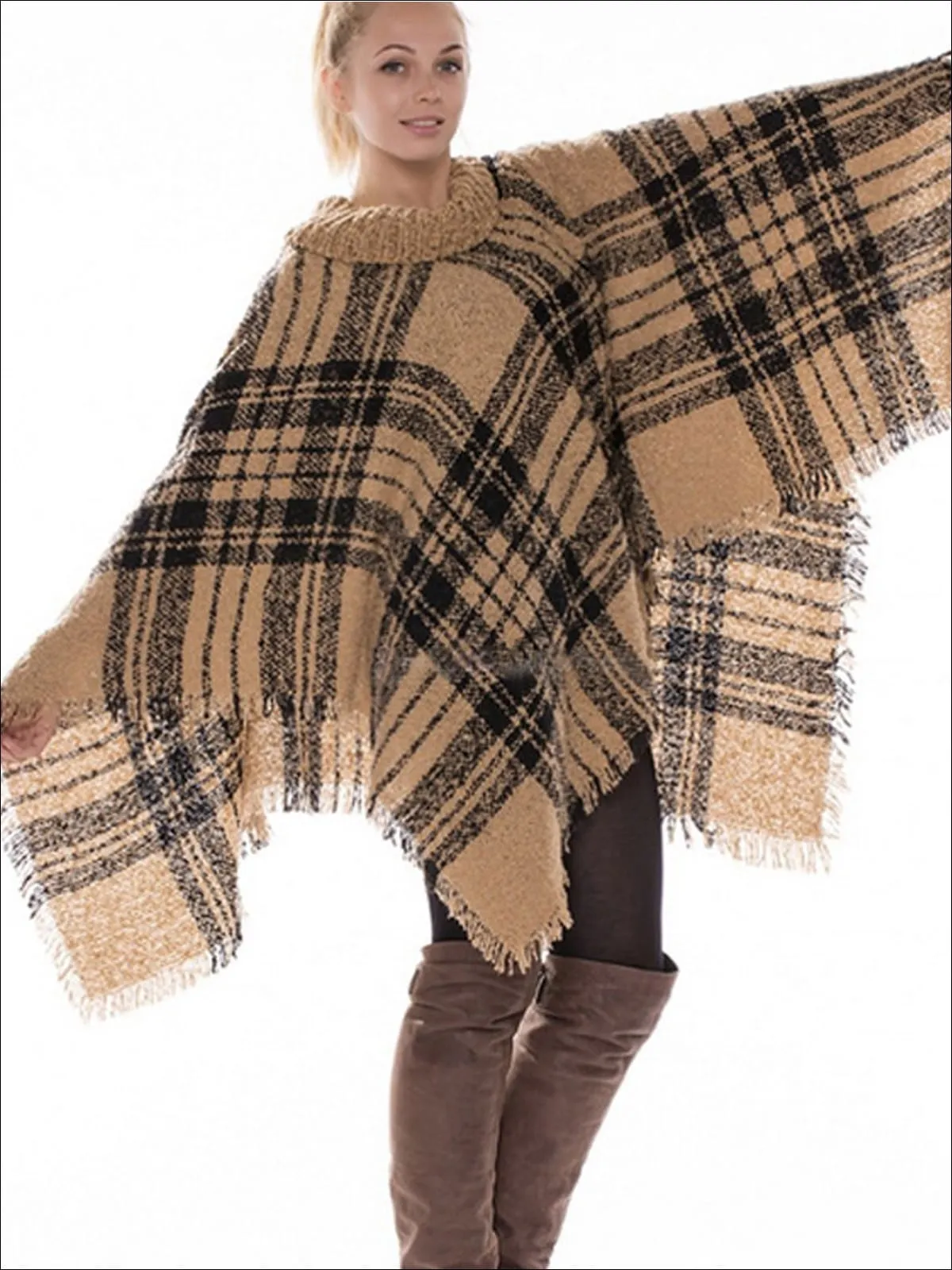 Women's Fall Casual Plaid Turtleneck Poncho