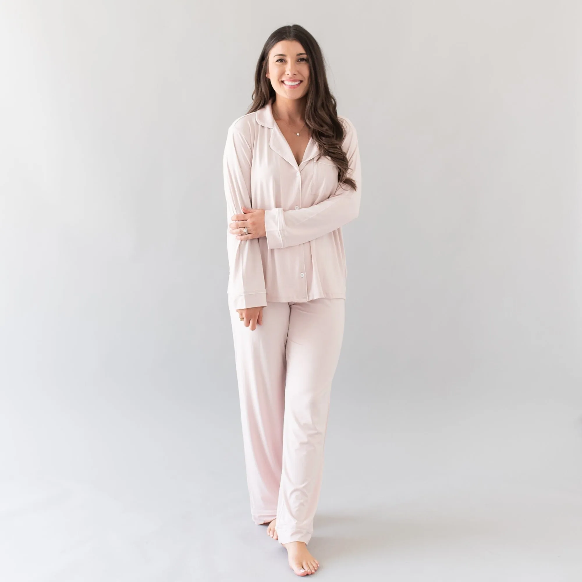 Women's Long Sleeve Pajama Set in Blush with Cloud Trim