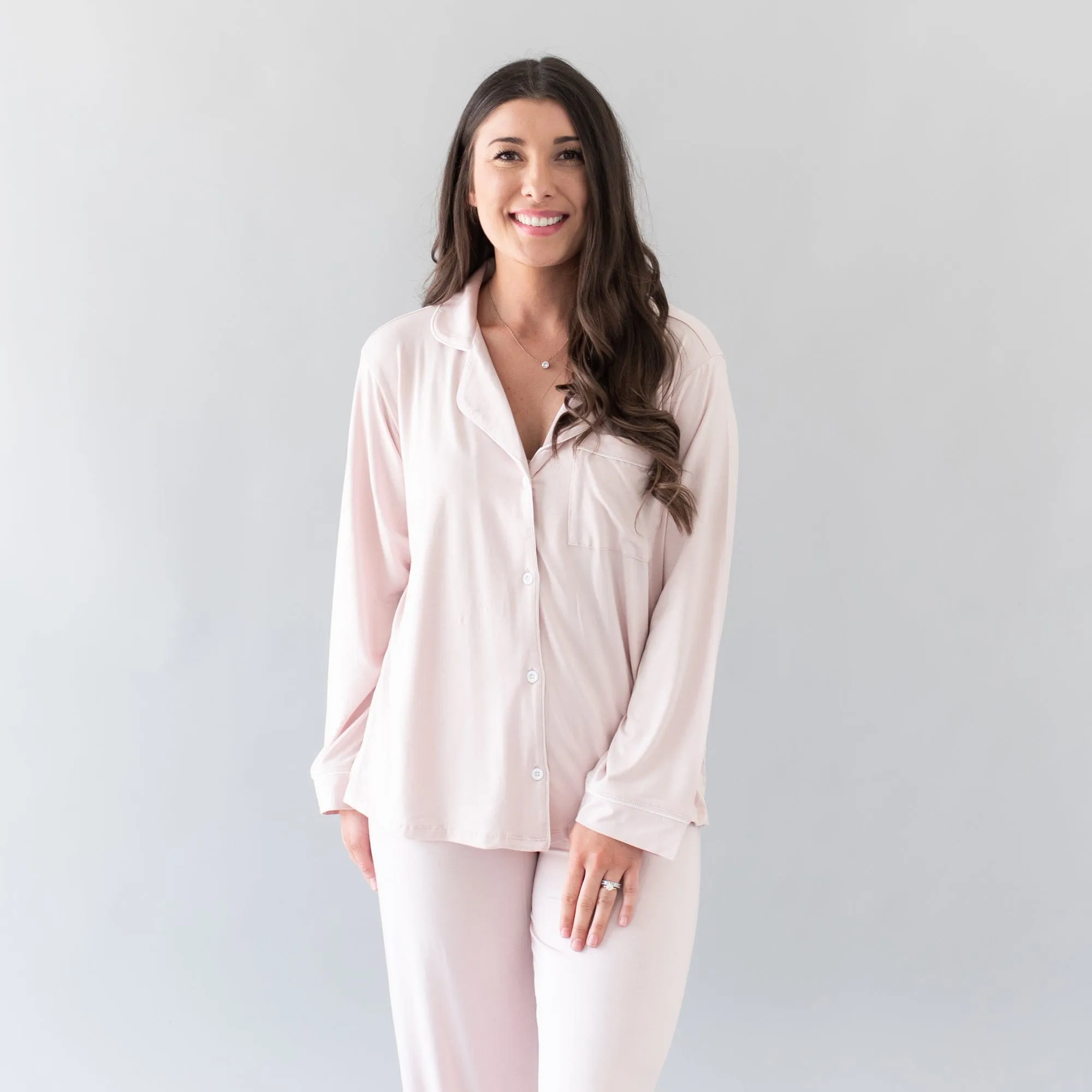 Women's Long Sleeve Pajama Set in Blush with Cloud Trim