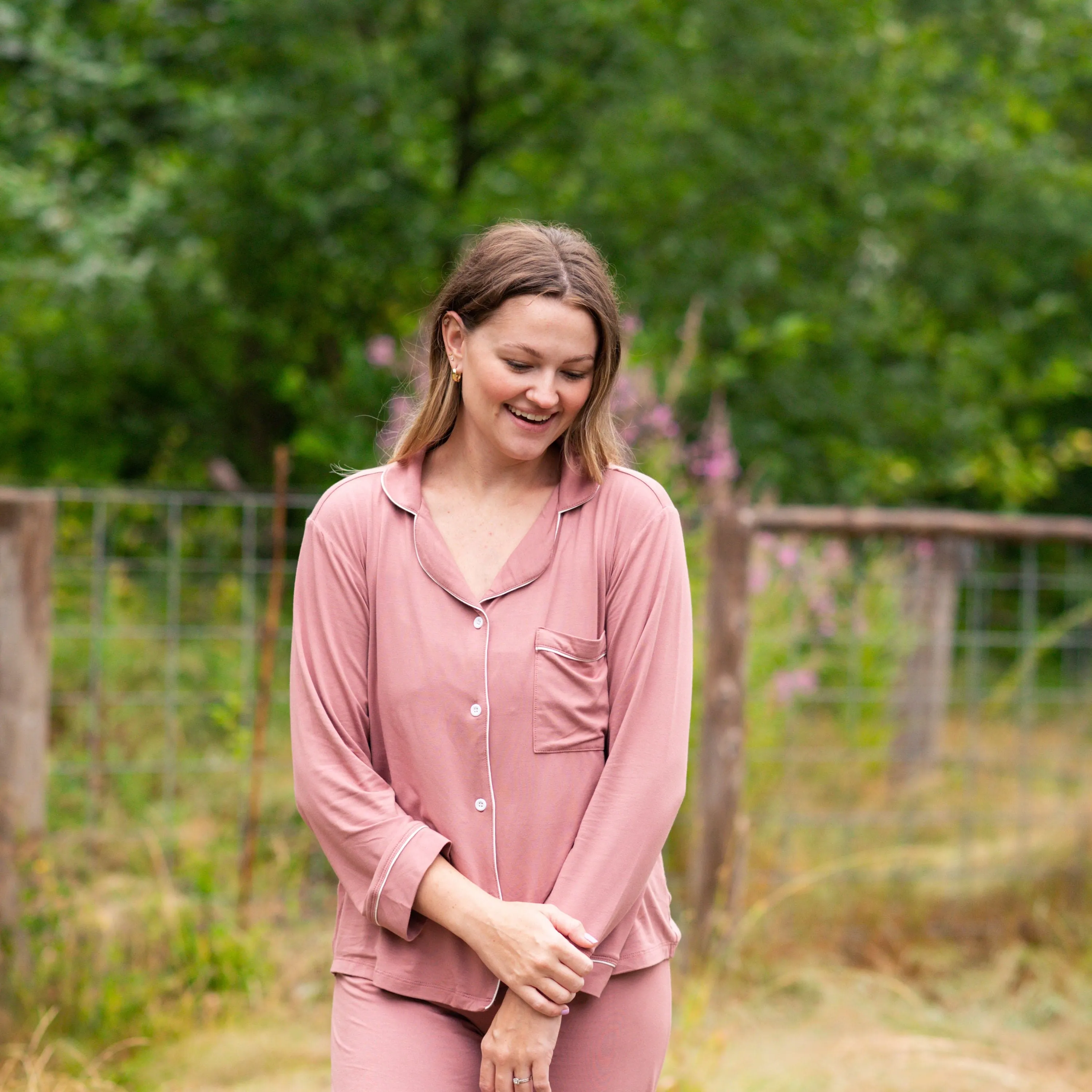 Women's Long Sleeve Pajama Set in Dusty Rose with Cloud Trim