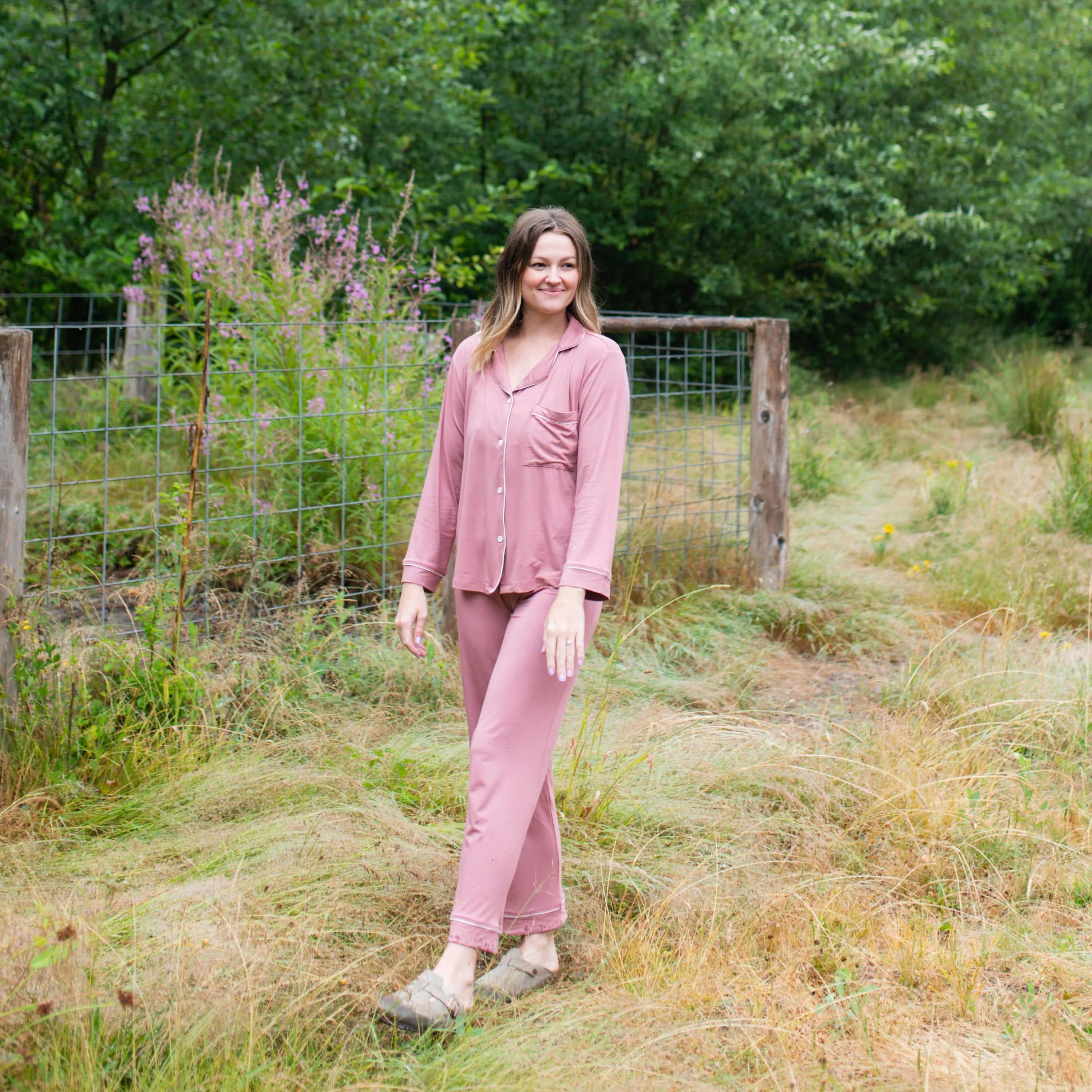 Women's Long Sleeve Pajama Set in Dusty Rose with Cloud Trim