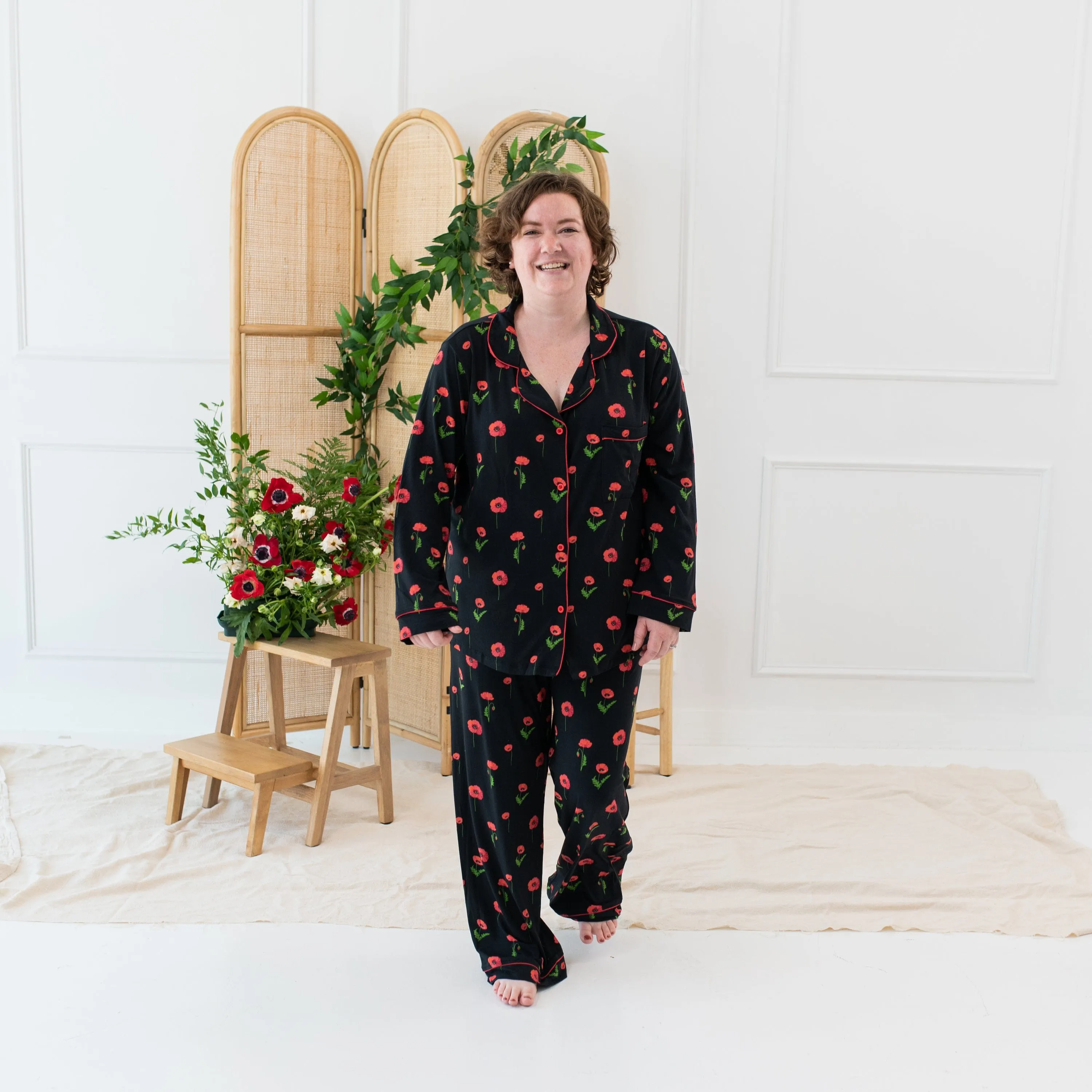 Women's Long Sleeve Pajama Set in Midnight Poppies