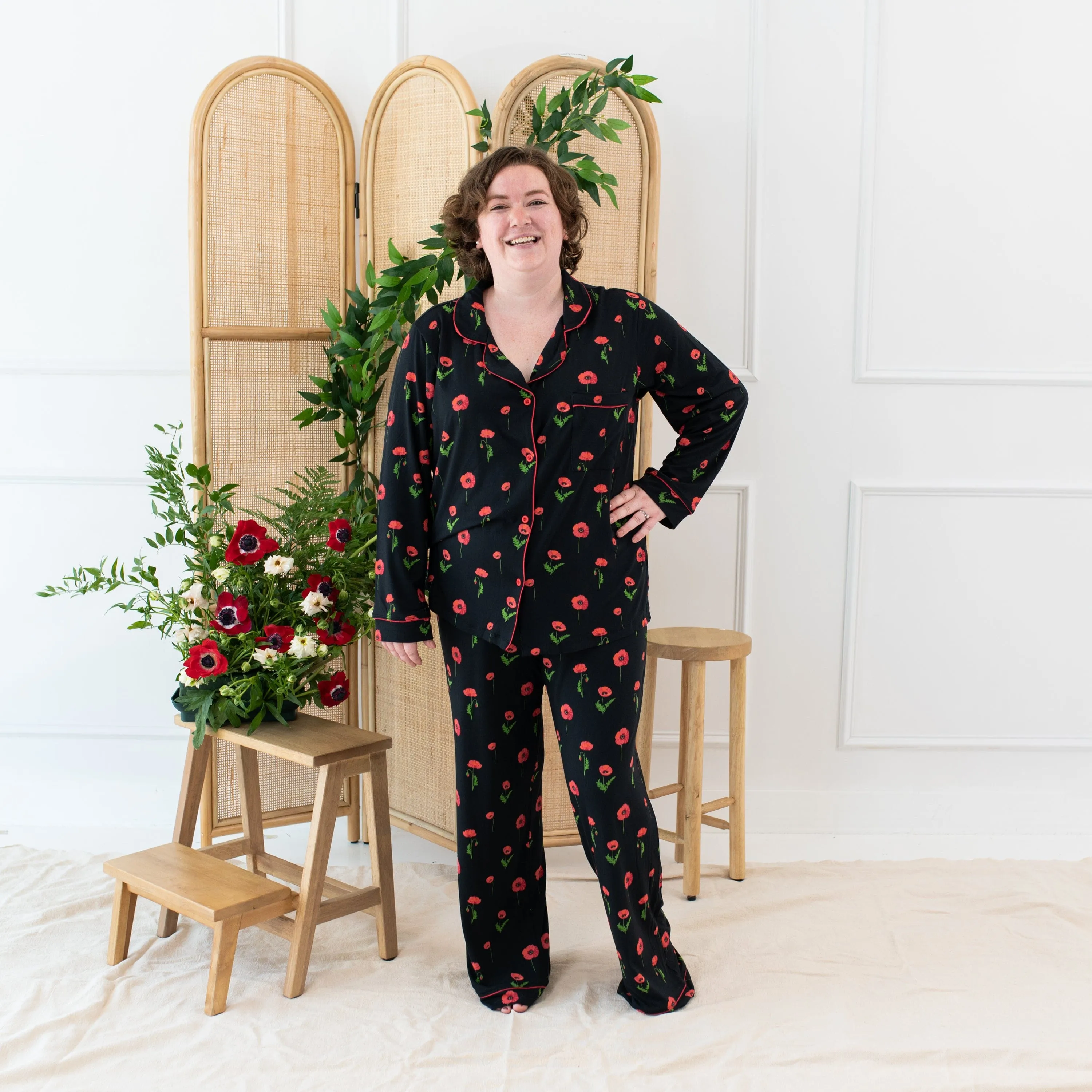 Women's Long Sleeve Pajama Set in Midnight Poppies