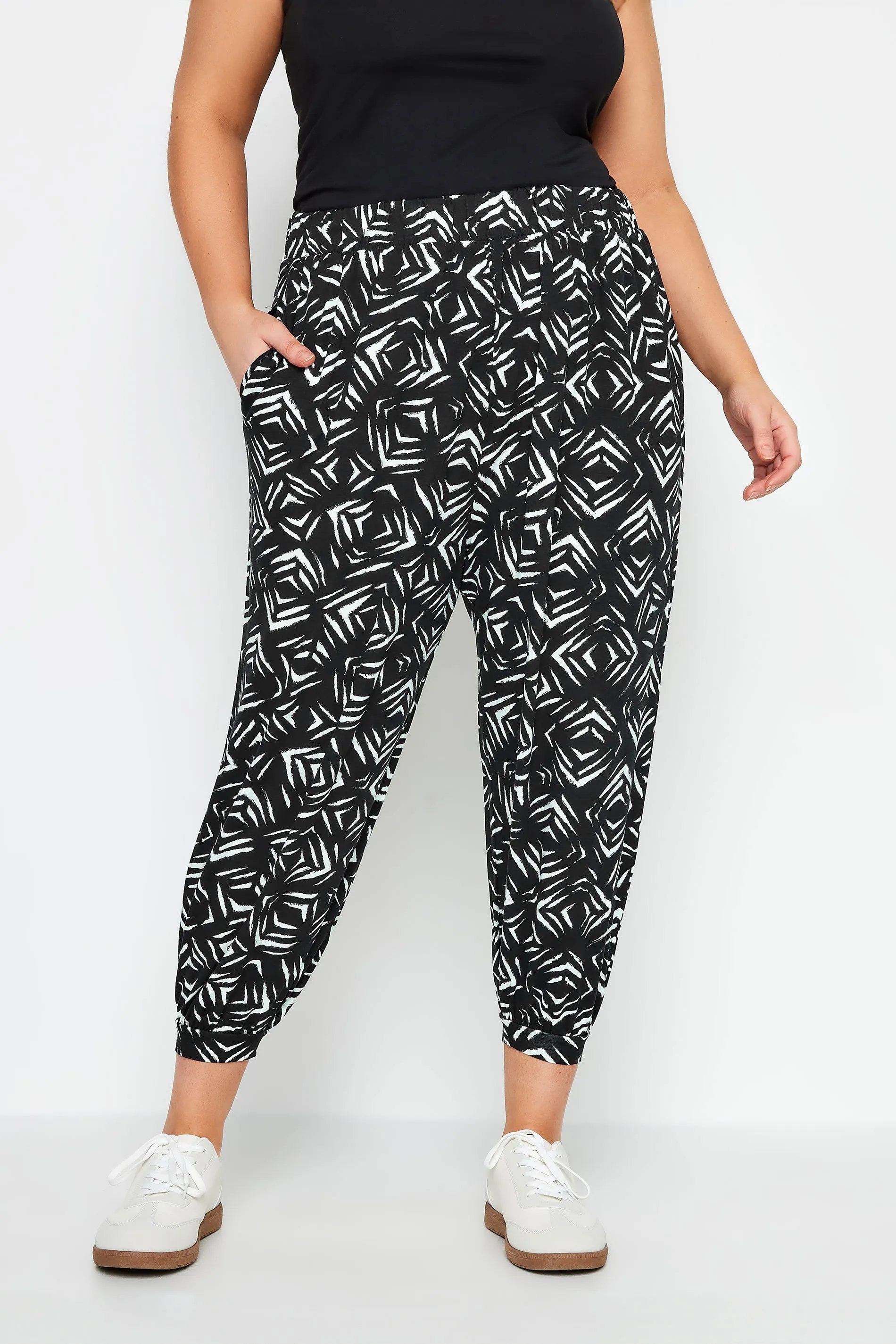 YOURS Curve Black Ikat Print Cropped Harem Trousers