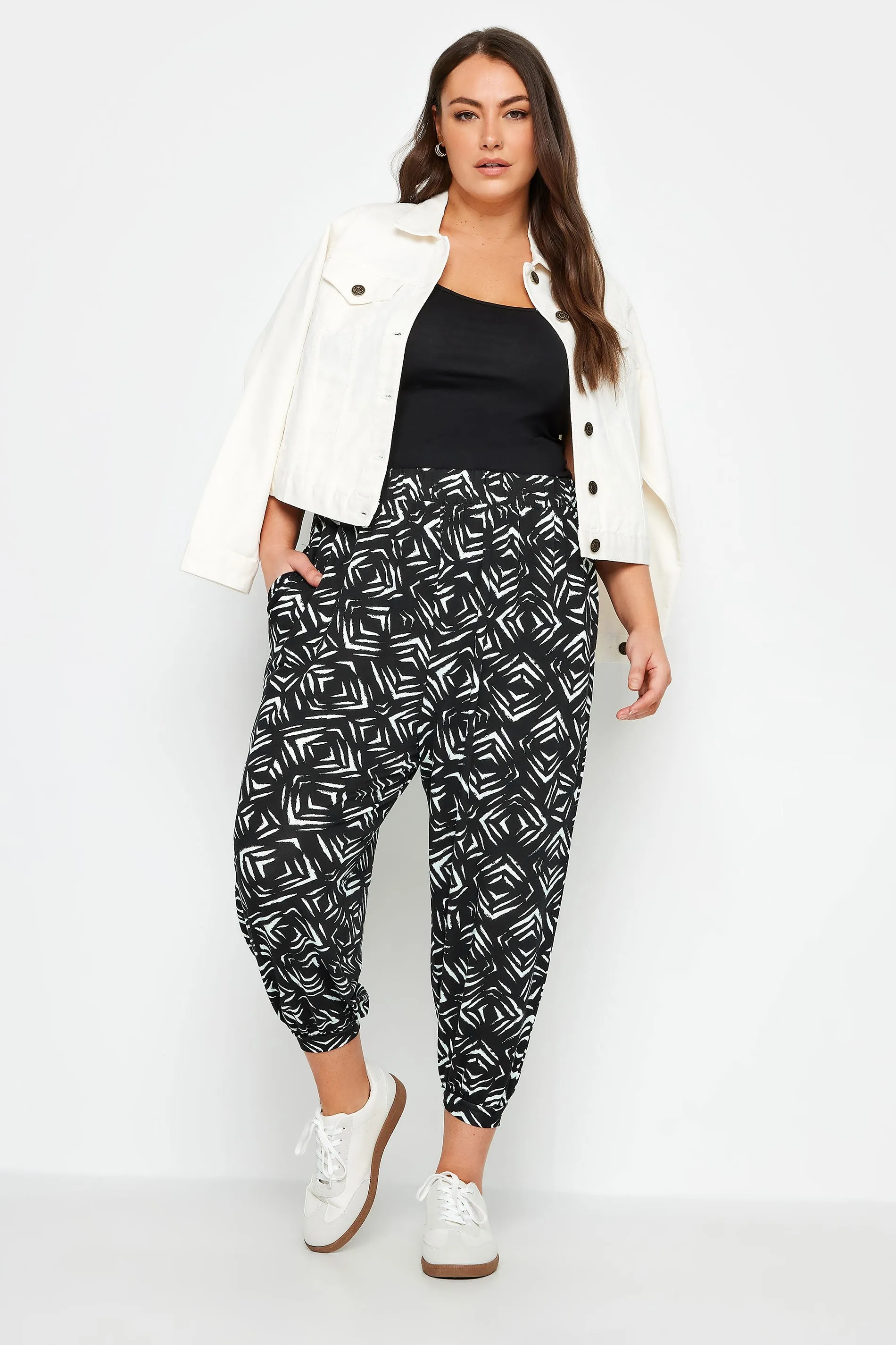 YOURS Curve Black Ikat Print Cropped Harem Trousers