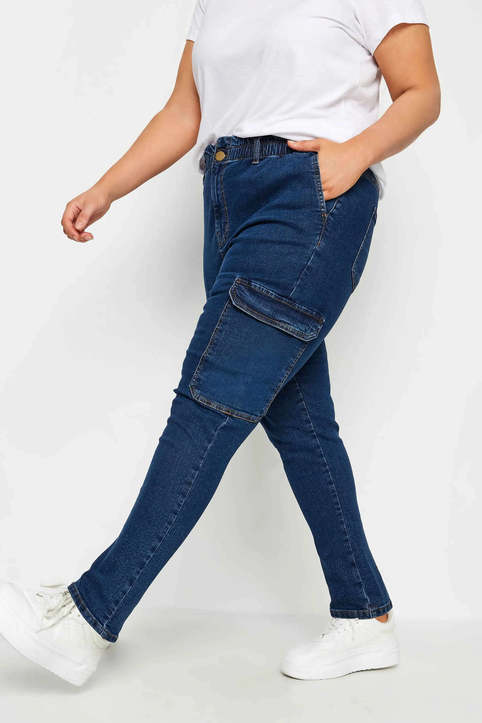 YOURS Curve Dark Blue Cargo Mom Jeans