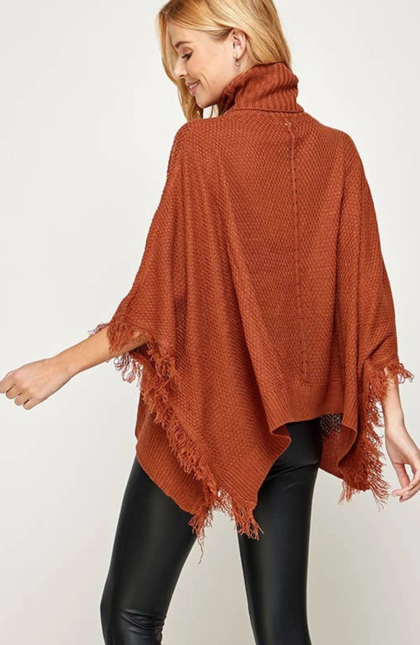 Zoey Terracotta Turtleneck Poncho with Button Details