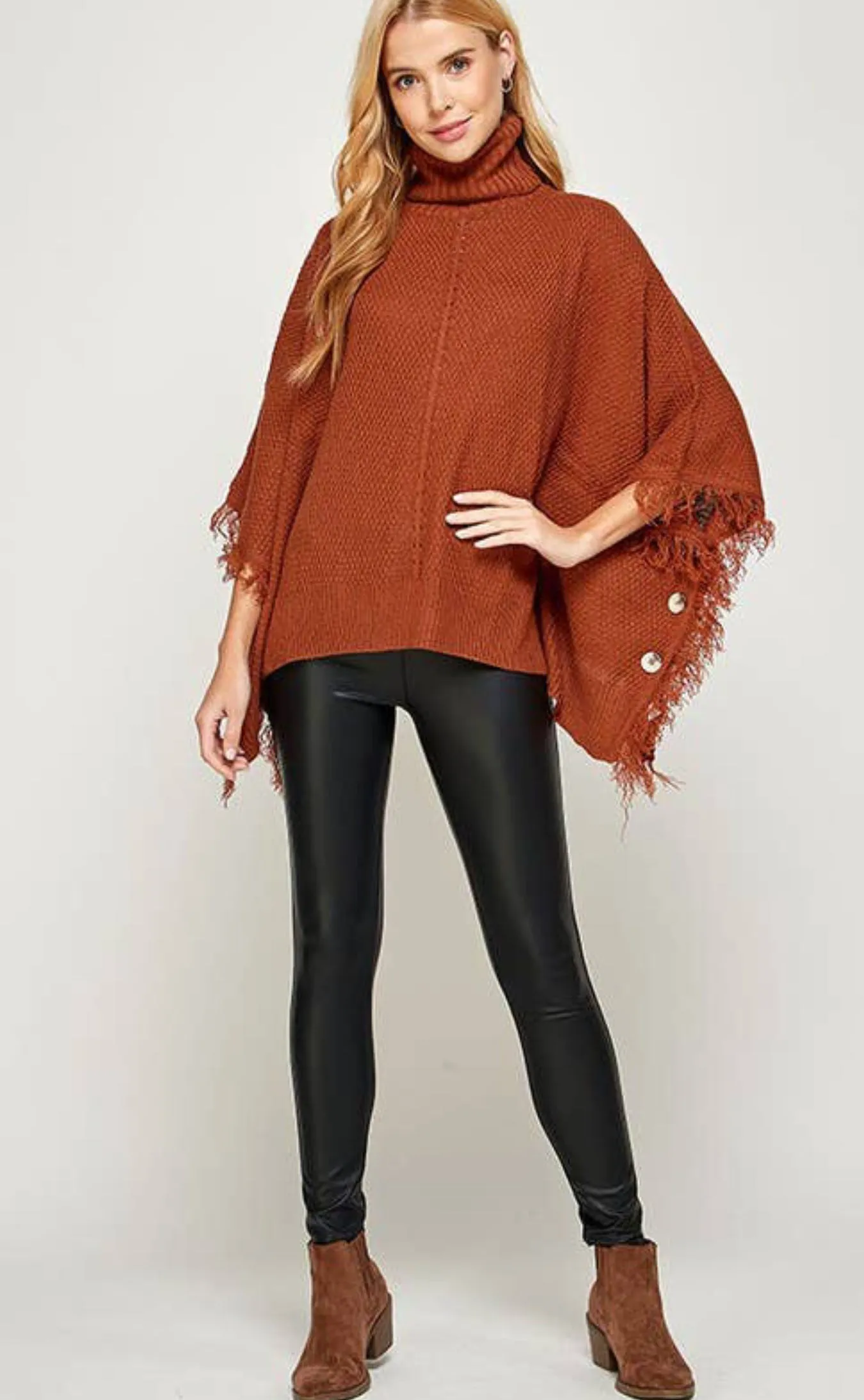 Zoey Terracotta Turtleneck Poncho with Button Details